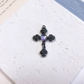 Gothic black alloy cross pendant with iridescent heart gem and relief rose details - Rose Heart Cross / Blue Purple + Gun Black