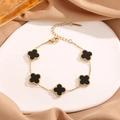 Golden 18K titanium steel clover bracelet with 5 black quatrefoil motifs and silk backdrop - S4283A Double-Sided Four-Leaf Clover with Black Shell - Gold