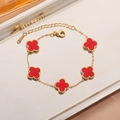 18K gold plated stainless steel bracelet with five red clover charms and beaded edges - S4283C Double-Sided Four-Leaf Clover with Red Shell - Gold