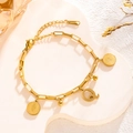 Gold stainless steel chain bracelet with letter Q pendant and round coin charms - Queen Portrait - Letter Q (7844)