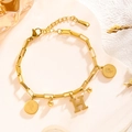 Gold stainless steel chain bracelet with Elizabeth coin charms and large H pendant - Queen Portrait - Letter H (7839)