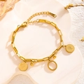 Gold stainless steel chain bracelet with Elizabeth coin charms and lobster clasp - Queen Portrait - Letter O (7806)