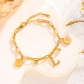 18K gold-plated stainless steel charm bracelet with coin pendants and letter L - Queen Portrait - Letter L (7849)