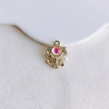 Detail of floral hollow gold pendant with pink resin, small crystals and faux pearls - Gold Hollow Pearl Flower (13#)