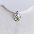 Macro shot of silver oval tulip pendant with pink enamel and pearl for DIY jewelry - Silver Oval Tulip (16#)