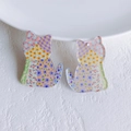 Macro detail of acrylic cat pendants with floral print and pre-drilled holes for DIY jewelry - Purple Series Floral Patchwork Cat (10)