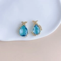 Detail of pear-shaped blue gemstone earrings with zircon-studded angel wing accents - Blue Teardrop Gemstone (KP5073) / Blue (4#)