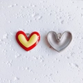 Front and back detail of hollow heart charms with red yellow enamel and mesh texture - Bicolor Heart Red Yellow 14#