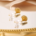 18k gold plated stainless steel scallop shell earrings with natural freshwater pearls - Shell Pearl Stud Earrings (Gold)
