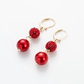 Elegant gold lever-back earrings with red crystal pave ball and large red pearl drops - Red Pearl + Red Rhinestone Ball