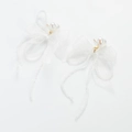 Detail of white heart pearl earrings with sheer ribbon bow and beaded trim edge - Heart Bowknot Style