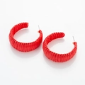 Handmade large red raffia C-shaped hoop earrings with gold-toned metal posts - Red
