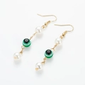 Exotic evil eye dangle earrings with white pearls and gold chain links on white background - Evil Eye + White Pearl
