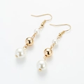 Elegant gold drop earrings with white faux pearls and beads for minimalist jewelry style - White Pearl + Gold Bead