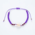 Adjustable purple heishi bead bracelet with golden accents and a natural white seashell - Purple