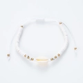 Adjustable beach bracelet with white heishi beads, gold accents and natural seashell - White