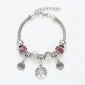 Silbernes Schlangenarmband mit lila Kristallen und Lebensbaum-Anhängern im Set - Rosa Lebensbaum Stil (YLSL-0063)