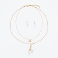 Minimalistisches zweilagiges Goldhalsketten-Set mit Sternanhänger und Perlenohrringen - Fünf-Zackiger Stern Anhänger Zweilagig (C47)