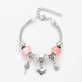 Silbernes Schlangenarmband mit rosa Katzenaugenperlen und Herz-Schloss-Anhängern - Rosa