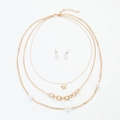 Dreilagiges Goldhalsketten-Set mit Sternanhänger und weißen Perlenohrringen - Dreilagig Fünf-Zackiger Stern (C54)