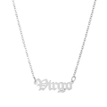 Macro detail of silver Virgo zodiac pendant necklace in gothic font with cross chain - Virgo