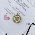 Detail view of 23x20mm green beaded and pearl pendant with a gold metal ring - Olive Green (1#)