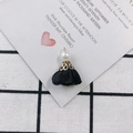 Detail of vintage handmade black fabric flower charm with pearl and gold metal cap - 16# Black