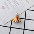 Detail view of handmade layered fabric flower pendant with a pearl and golden clasp - Orange Yellow White Style (9#)