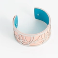Silver hollow cuff bangle with reversible pink-orange and lake blue leather insert - Pink