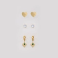 Dreier-Set Goldstecker mit Herz, Strass und grünen Malachit-Hängeohrringen im Set - Ohrring-Set (Gold) / Gold