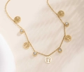Golden Tree of Life anklet with alternating sparkling white crystal charms and round pendants - Gold