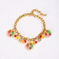 Gold stainless steel bracelet with enamel grapefruit slices and colorful crystal beads - Orange Charm Style / Gold