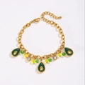Golden bracelet with green pear pendants and faceted glass beads on O-chain - Avocado Charm Style / Gold 2