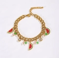 Golden chain bracelet featuring red enamel watermelon slices and colorful crystal beads - Watermelon Charm Style / Gold 4