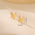 Detailed view of gold butterfly stud earrings with crystal wings and dimension markers - Gold Butterfly Style (MYYX00652)