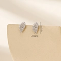 Detail view of leaf-shaped silver stud earring with micro zircons and shell texture - Platinum (MYYX00626(e-L26))
