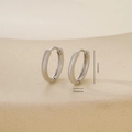 Detailed view of polished silver hoop earrings with dimensions 1.1cm x 0.2cm indicated - One Pair / Platinum (E071301bkb)