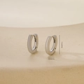 Detailed view of silver hoop earrings showing dimensions 1.1cm height and 0.2cm width - Minimalist Hoop Huggie (E071299bkb) / Platinum (E071299bkb)