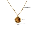 Detailed view of Tiger Eye pendant necklace with size dimensions and cord texture - Twisted Rope Border Round Style (Yellow Tiger Pendant 4)