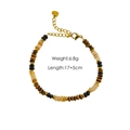 Detailed shot of tiger eye beaded bracelet with gold heart pendant and size info - Yellow Tiger Bracelet