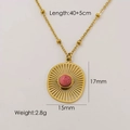 Detailed size display of gold sunburst pendant necklace with pink stone on white base - Rhodochrosite Necklace