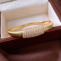 Dettaglio del bracciale ovale dorato a strisce con micro-pavé di zirconi bianchi - Oro