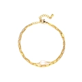 Gold stainless steel paperclip chain bracelet with white freshwater pearl on white background - Gold Bracelet