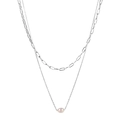 Silver layered paperclip chain necklace with white freshwater pearl pendant for women - Single Necklace / Silver Necklace