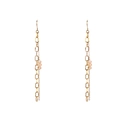 Gold stainless steel paperclip chain earrings with three freshwater pearls on white background - Long Drop Earrings (YE780) / Gold