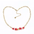 Gold stainless steel chain necklace featuring red crushed stones and white pearls in heart shape - Gold Color Red Stone / Gold