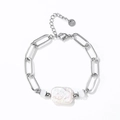 Baroque freshwater pearl paperclip bracelet in polished stainless steel for women - Bracelet (YB871) / Silver