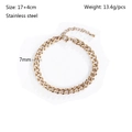 Detail of a 7mm gold stainless steel Cuban link bracelet with lobster clasp and sizing specs - 7mm Width-17+4cm Length / Gold