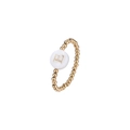 Close-up of golden beaded elastic ring with letter E on a white shell-like inlay - Letter E (JZ-1088-E)