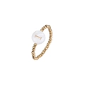 Detailed close-up of golden beaded elastic ring with shell letter I pendant on white base - Letter I (JZ-1088-I)